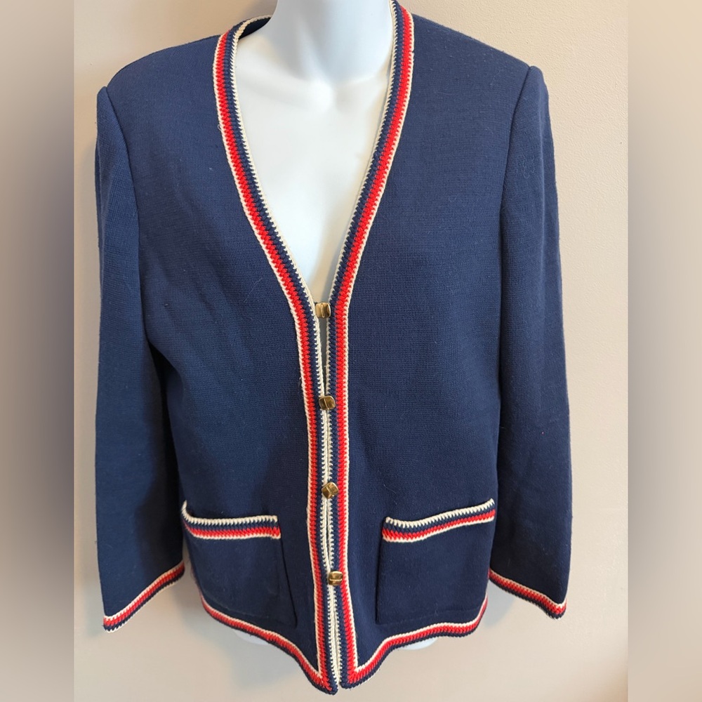 60s/70s Navy Red White Butte Knit Gold Button Mod Cardigan S